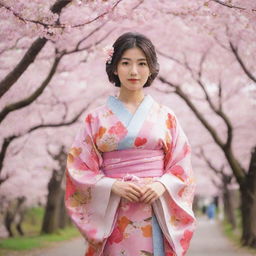 Traditional Japanese girl in a colorful kimono surrounded by cherry blossoms