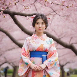 Traditional Japanese girl in a colorful kimono surrounded by cherry blossoms