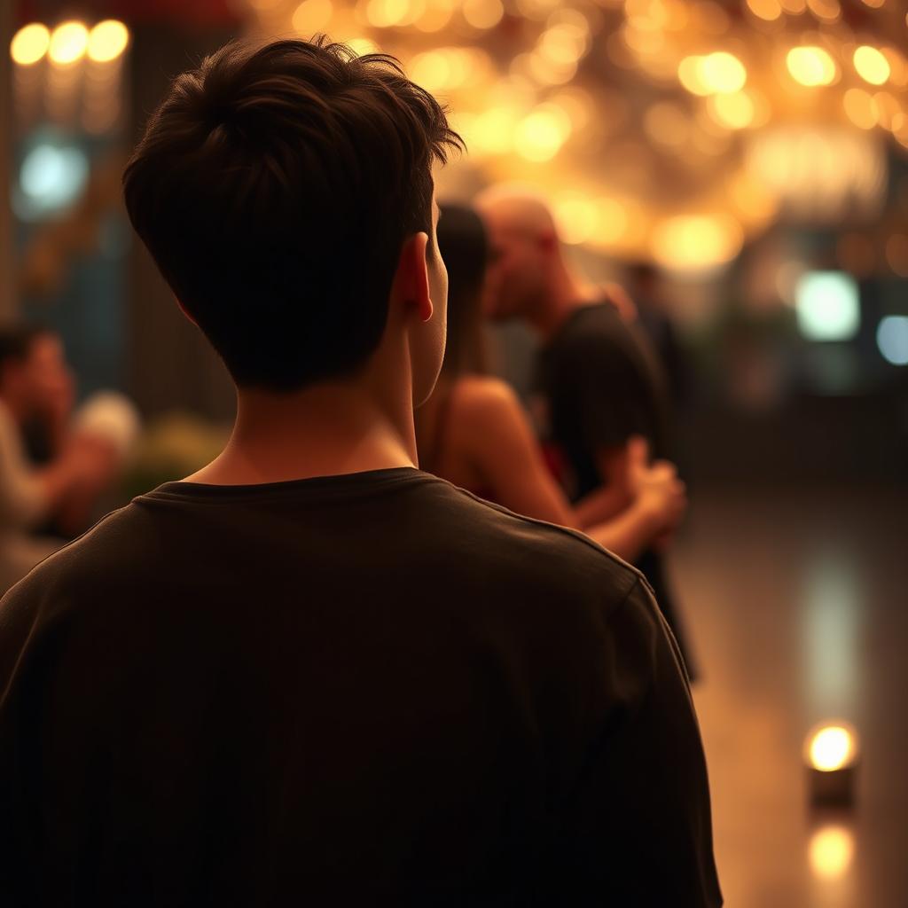 A distant view of a young man seen from behind, standing alone with a reflective look