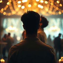 A distant view of a young man seen from behind, standing alone with a reflective look