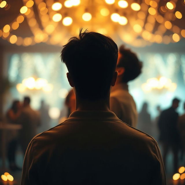 A distant view of a young man seen from behind, standing alone with a reflective look