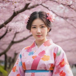 Traditional Japanese girl in a colorful kimono surrounded by cherry blossoms