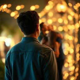 A distant view of a young man seen from behind, standing alone with a reflective look