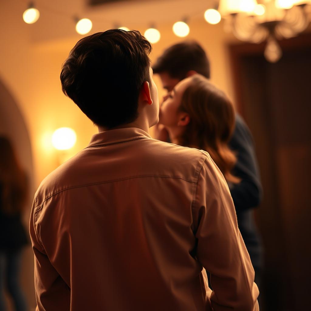 A distant view of a young man standing with his back turned, appearing unaware of the passionate kiss unfolding behind him