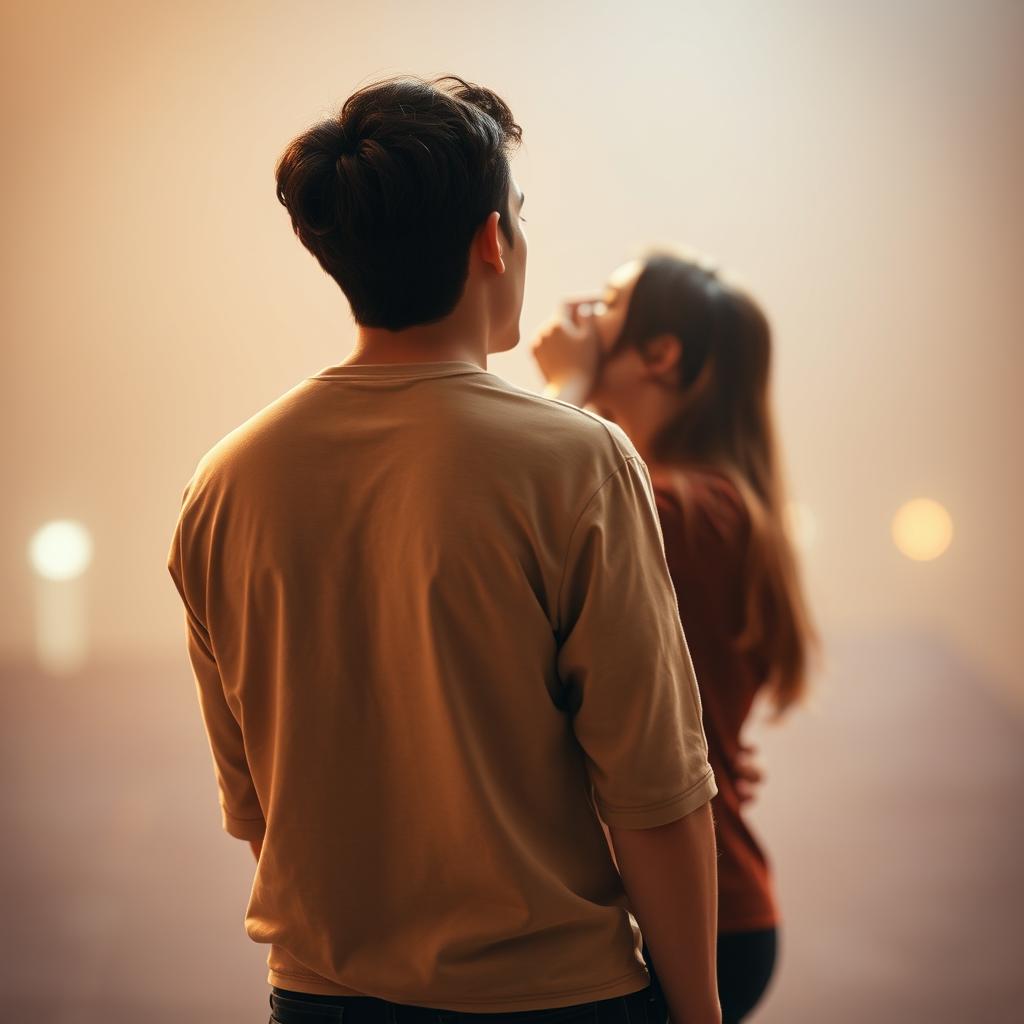 A distant view of a young man standing with his back turned, appearing unaware of the passionate kiss unfolding behind him