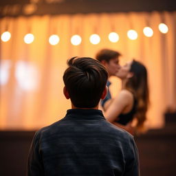 A distant view of a young man standing with his back turned, appearing unaware of the passionate kiss unfolding behind him