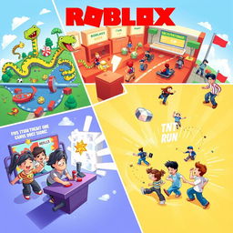 An imaginative illustration capturing a vibrant world of Roblox games, featuring three distinct game scenes: a colorful Snake game filled with animated snakes and fun obstacles, an exciting TNT Run scene with players racing over breaking blocks, and a dynamic Circle game with participants dodging various incoming challenges