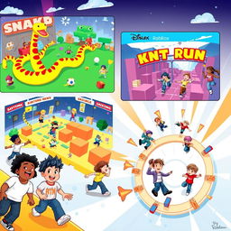 An imaginative illustration capturing a vibrant world of Roblox games, featuring three distinct game scenes: a colorful Snake game filled with animated snakes and fun obstacles, an exciting TNT Run scene with players racing over breaking blocks, and a dynamic Circle game with participants dodging various incoming challenges