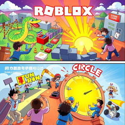 An imaginative illustration capturing a vibrant world of Roblox games, featuring three distinct game scenes: a colorful Snake game filled with animated snakes and fun obstacles, an exciting TNT Run scene with players racing over breaking blocks, and a dynamic Circle game with participants dodging various incoming challenges