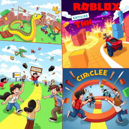 An imaginative illustration capturing a vibrant world of Roblox games, featuring three distinct game scenes: a colorful Snake game filled with animated snakes and fun obstacles, an exciting TNT Run scene with players racing over breaking blocks, and a dynamic Circle game with participants dodging various incoming challenges