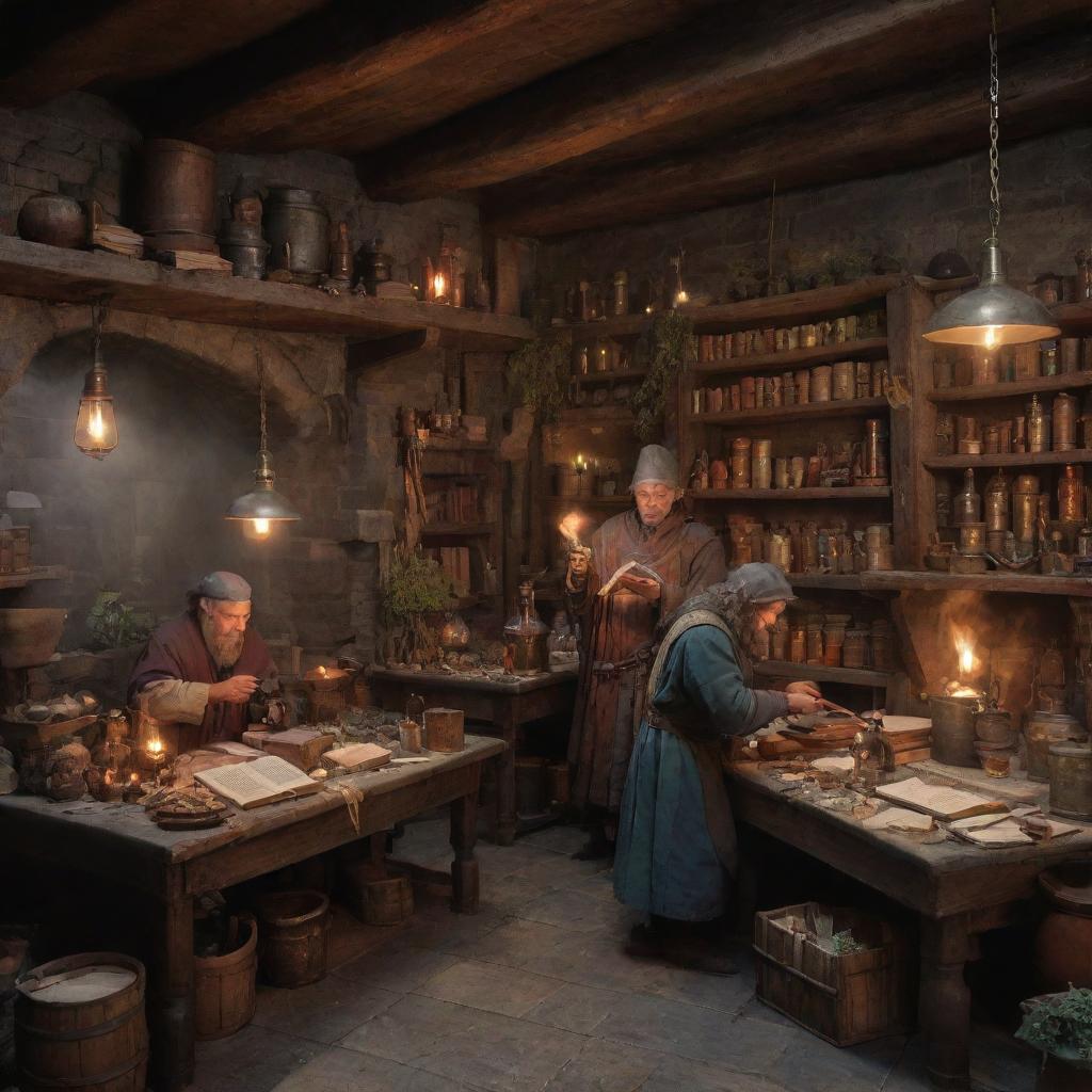 A detailed medieval scene featuring mages and alchemists. They are engaged in a steam-filled lab cluttered with ancient books, strange herbs, magical artefacts, and alchemical equipment illuminating colorful, mystic brews.