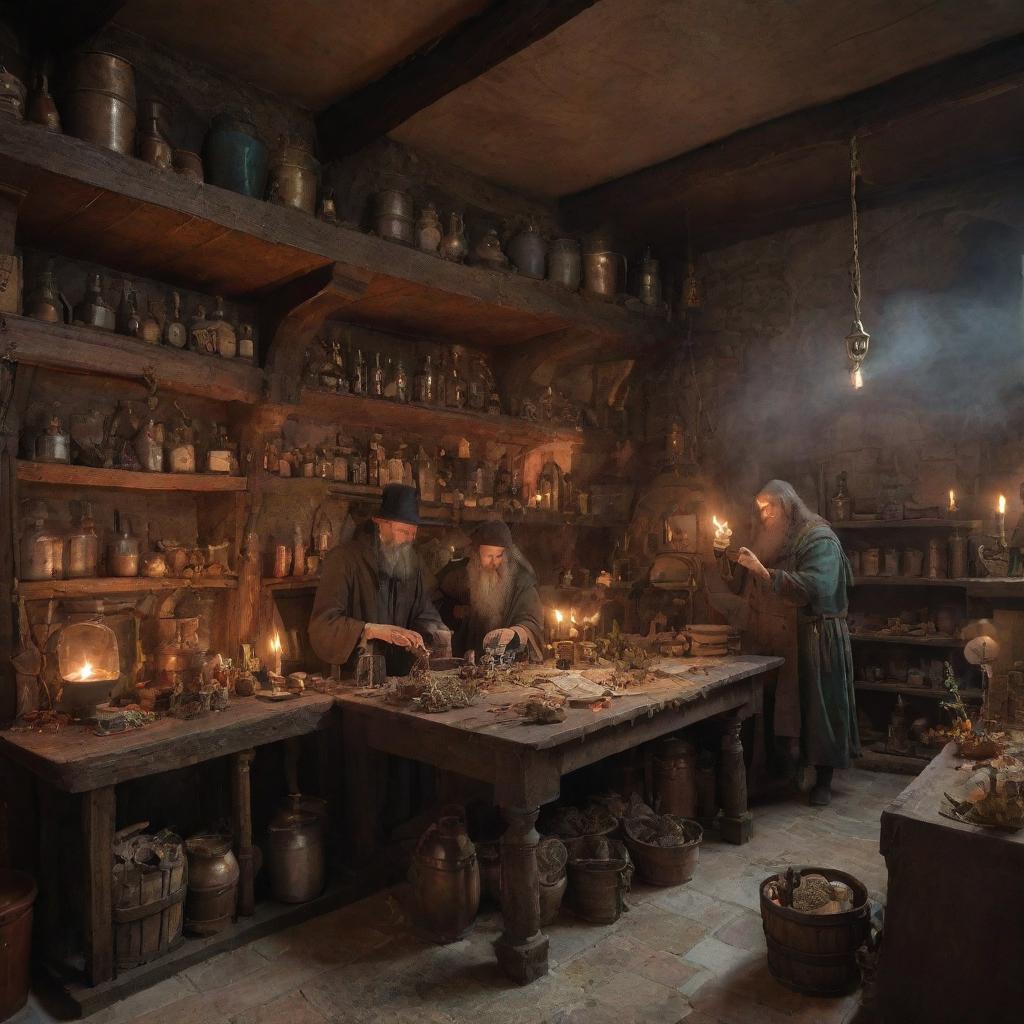 A detailed medieval scene featuring mages and alchemists. They are engaged in a steam-filled lab cluttered with ancient books, strange herbs, magical artefacts, and alchemical equipment illuminating colorful, mystic brews.