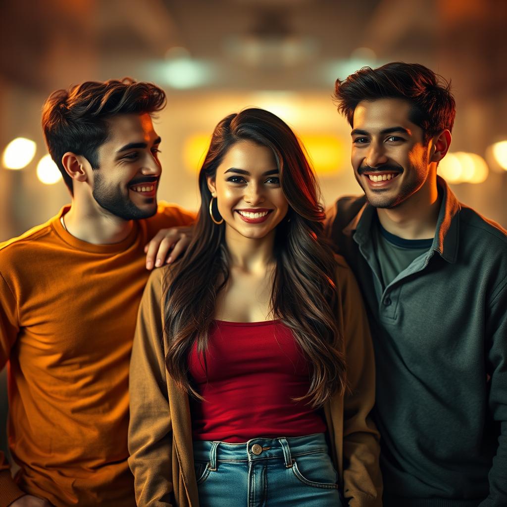 A visually striking composition featuring a young woman at the center, exuding confidence and charm, flanked by two young men, each positioned on either side