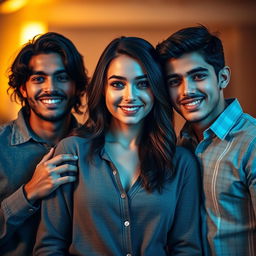 A visually striking composition featuring a young woman at the center, exuding confidence and charm, flanked by two young men, each positioned on either side