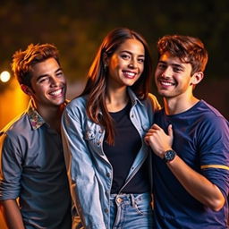 A visually striking composition featuring a young woman at the center, exuding confidence and charm, flanked by two young men, each positioned on either side