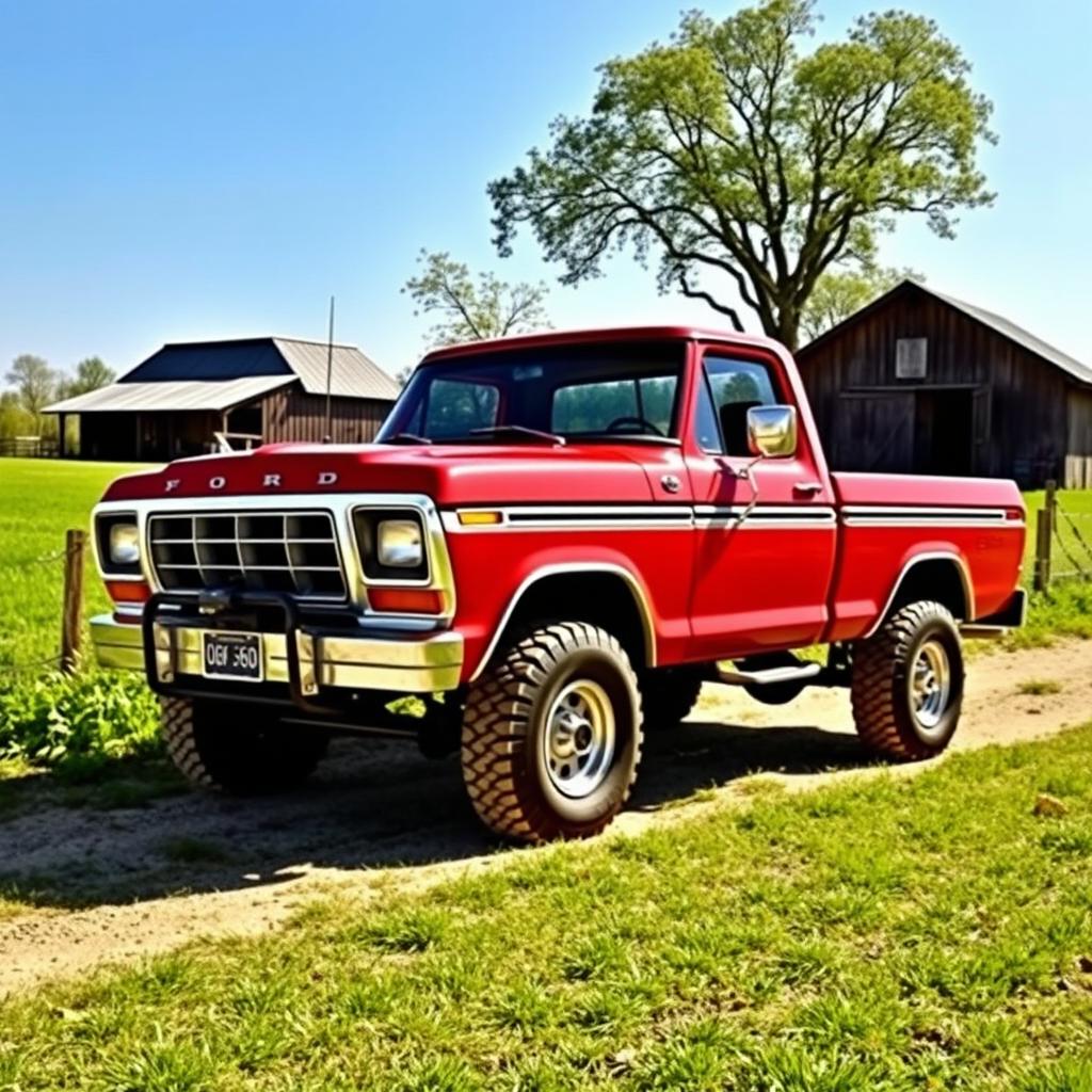 A vintage 1979 Ford F600 4x4 truck parked in a picturesque rural setting, showcasing its classic features like the bold grille, round headlights, and rugged tires