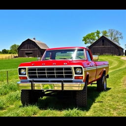 A vintage 1979 Ford F600 4x4 truck parked in a picturesque rural setting, showcasing its classic features like the bold grille, round headlights, and rugged tires