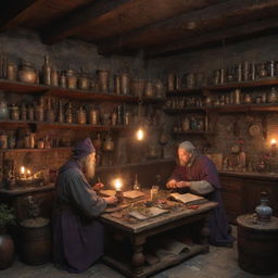 A detailed medieval scene featuring mages and alchemists. They are engaged in a steam-filled lab cluttered with ancient books, strange herbs, magical artefacts, and alchemical equipment illuminating colorful, mystic brews.