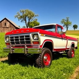 A vintage 1979 Ford F600 4x4 truck parked in a picturesque rural setting, showcasing its classic features like the bold grille, round headlights, and rugged tires