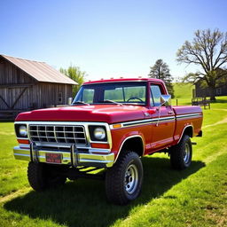 A vintage 1979 Ford F600 4x4 truck parked in a picturesque rural setting, showcasing its classic features like the bold grille, round headlights, and rugged tires