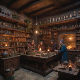 A detailed medieval scene featuring mages and alchemists. They are engaged in a steam-filled lab cluttered with ancient books, strange herbs, magical artefacts, and alchemical equipment illuminating colorful, mystic brews.