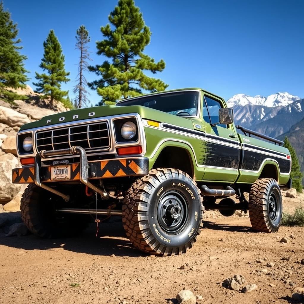 A vintage 1979 Ford F600 4x4 truck with Rockwell axles prominently featured, parked in a rugged off-road environment