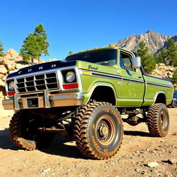 A vintage 1979 Ford F600 4x4 truck with Rockwell axles prominently featured, parked in a rugged off-road environment
