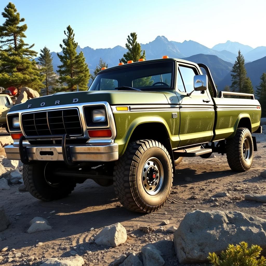 A vintage 1979 Ford F600 4x4 truck with Rockwell axles prominently featured, parked in a rugged off-road environment