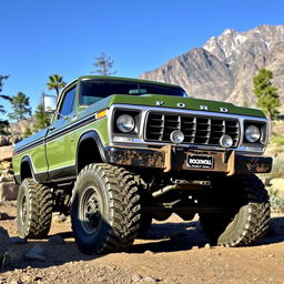 A vintage 1979 Ford F600 4x4 truck with Rockwell axles prominently featured, parked in a rugged off-road environment