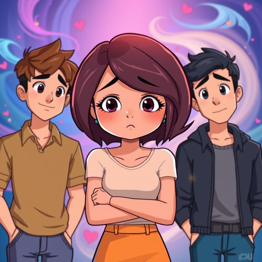 An animated scene featuring a young woman at the center, depicting her sadness as she faces a dilemma between two loves