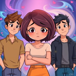 An animated scene featuring a young woman at the center, depicting her sadness as she faces a dilemma between two loves