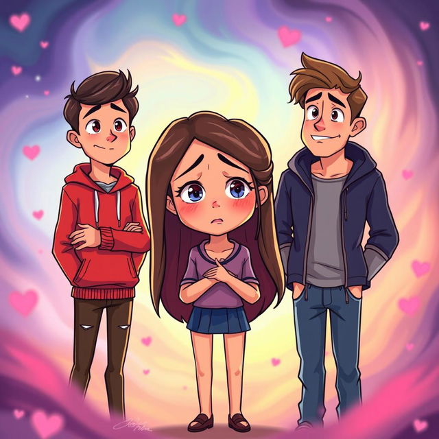 An animated scene featuring a young woman at the center, depicting her sadness as she faces a dilemma between two loves