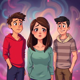 An animated scene featuring a young woman at the center, depicting her sadness as she faces a dilemma between two loves