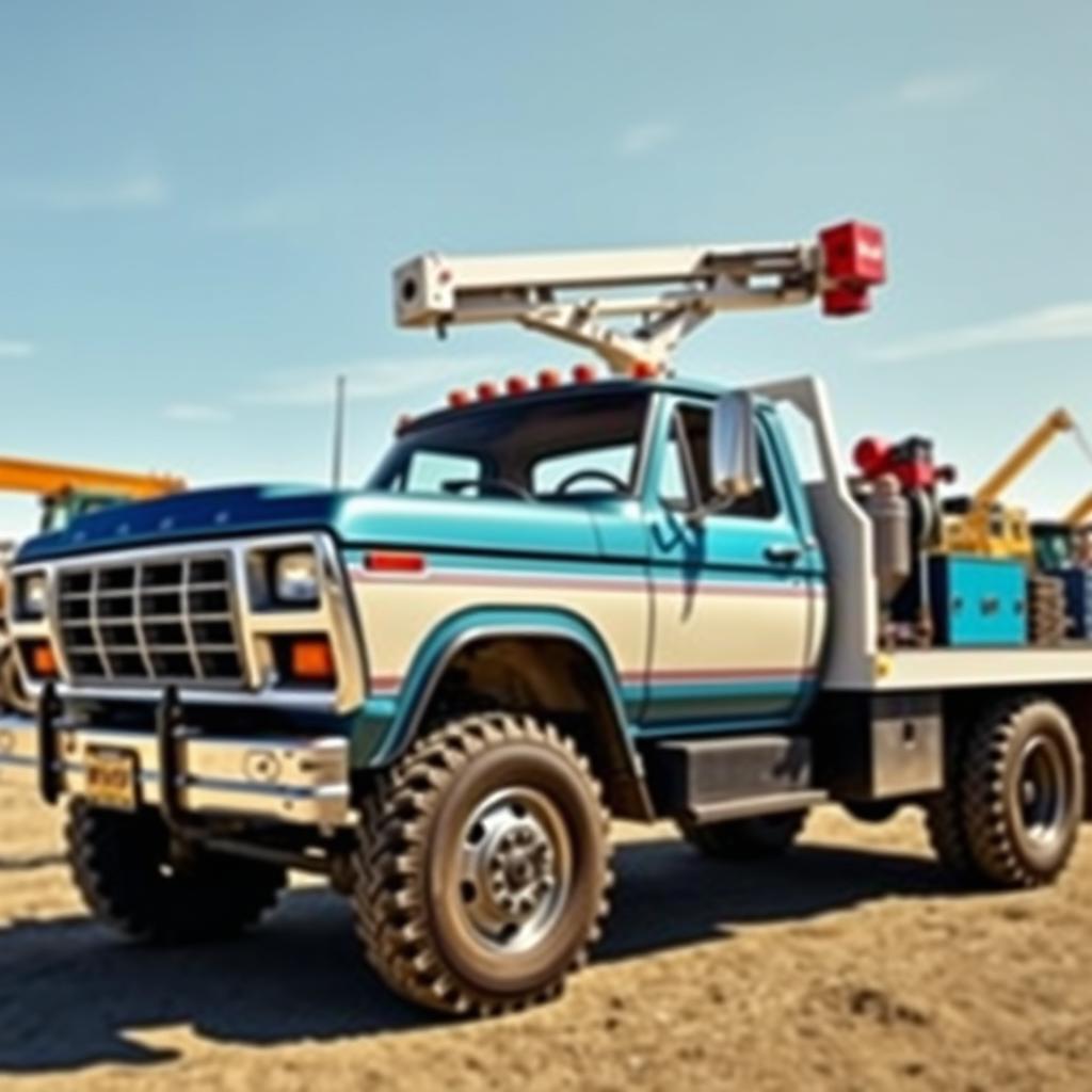 A classic 1979 Ford F-600 truck featured prominently in the foreground, showcasing its rugged 4x4 capabilities