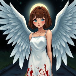 A slightly realistic illustrated cover featuring a woman with short, Chanel-style brown hair with bangs, slightly tanned skin, and bright blue eyes