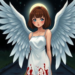 A slightly realistic illustrated cover featuring a woman with short, Chanel-style brown hair with bangs, slightly tanned skin, and bright blue eyes