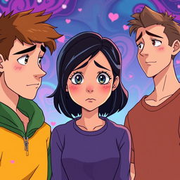 An animated scene depicting a young woman positioned at the center, her expression filled with sadness as she navigates a dilemma involving two loves