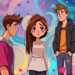 An animated scene depicting a young woman positioned at the center, her expression filled with sadness as she navigates a dilemma involving two loves