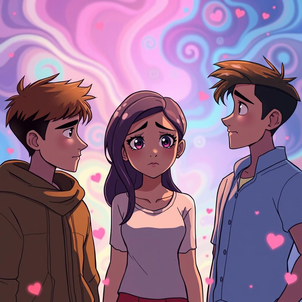 An animated scene depicting a young woman positioned at the center, her expression filled with sadness as she navigates a dilemma involving two loves