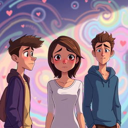 An animated scene depicting a young woman positioned at the center, her expression filled with sadness as she navigates a dilemma involving two loves