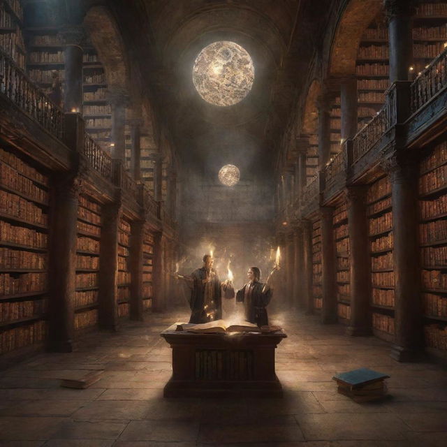 A fantastical image of young mages casting spells in an ancient library, filled with floating books, glowing orbs, and ancient scrolls for a book cover.