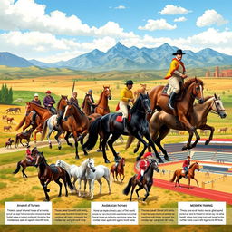 An artistic representation of the historical journey of horses, showcasing different breeds and styles throughout various ages