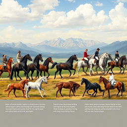 An artistic representation of the historical journey of horses, showcasing different breeds and styles throughout various ages