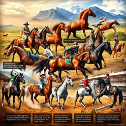 An artistic representation of the historical journey of horses, showcasing different breeds and styles throughout various ages