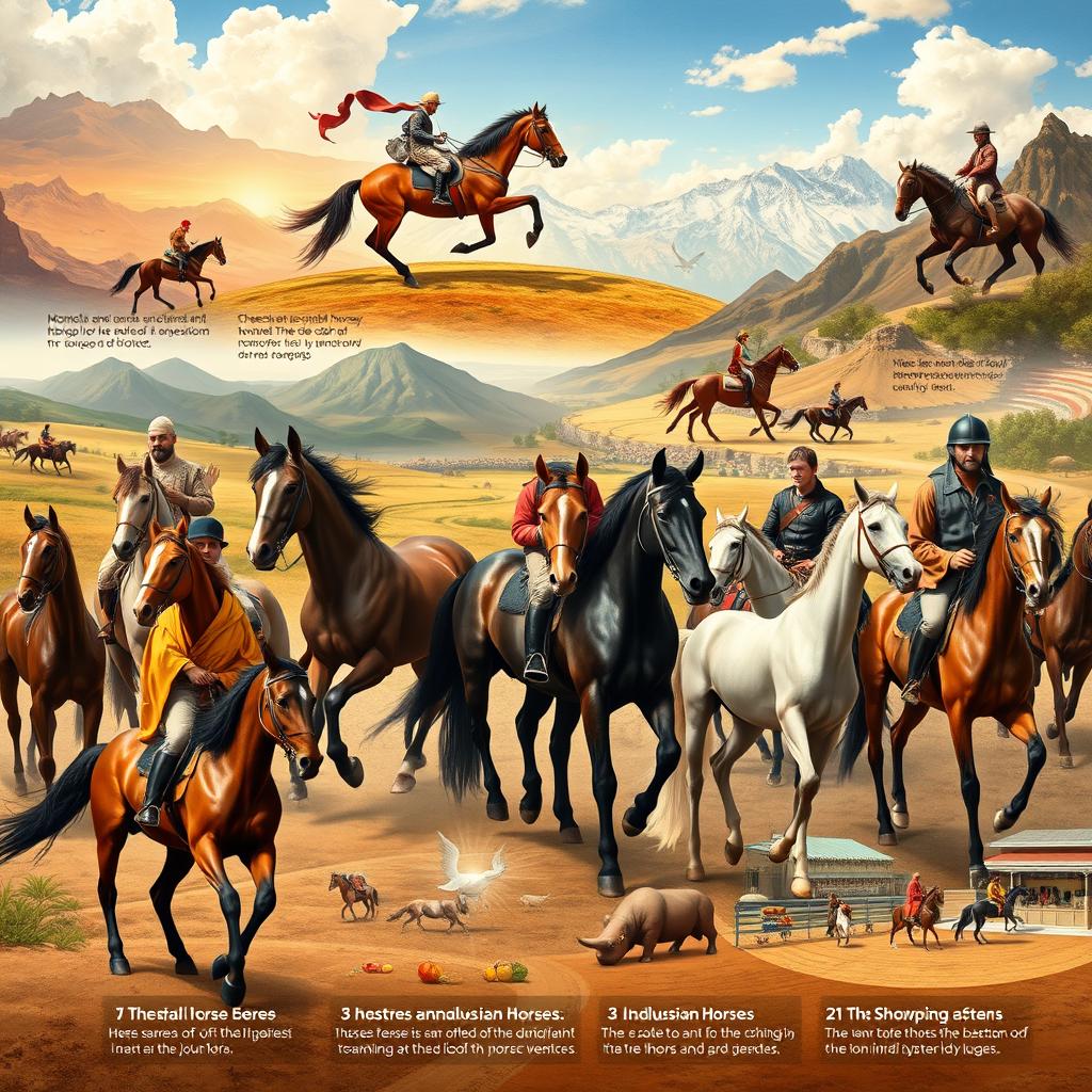 An artistic representation of the historical journey of horses, showcasing different breeds and styles throughout various ages