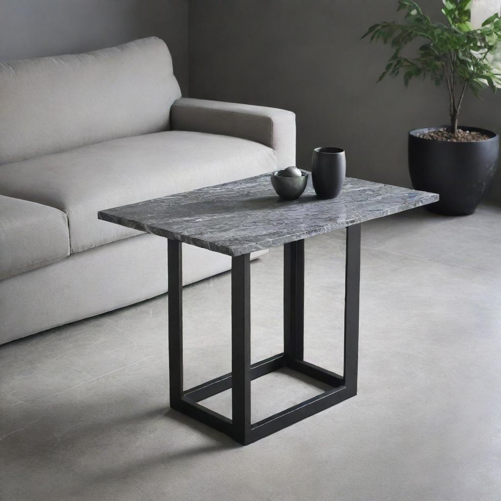 A small, sleek, black stainless steel table with a striking grey marble top, situated in an elegantly designed living room.