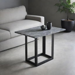 A small, sleek, black stainless steel table with a striking grey marble top, situated in an elegantly designed living room.