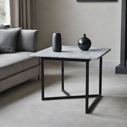 A small, sleek, black stainless steel table with a striking grey marble top, situated in an elegantly designed living room.