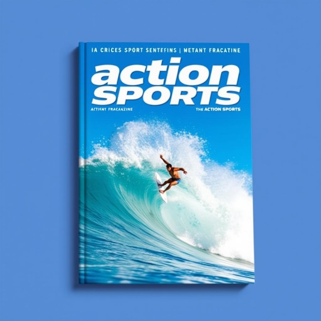 A dynamic and vibrant book cover design featuring a surfer skillfully riding a massive wave under a bold blue sky