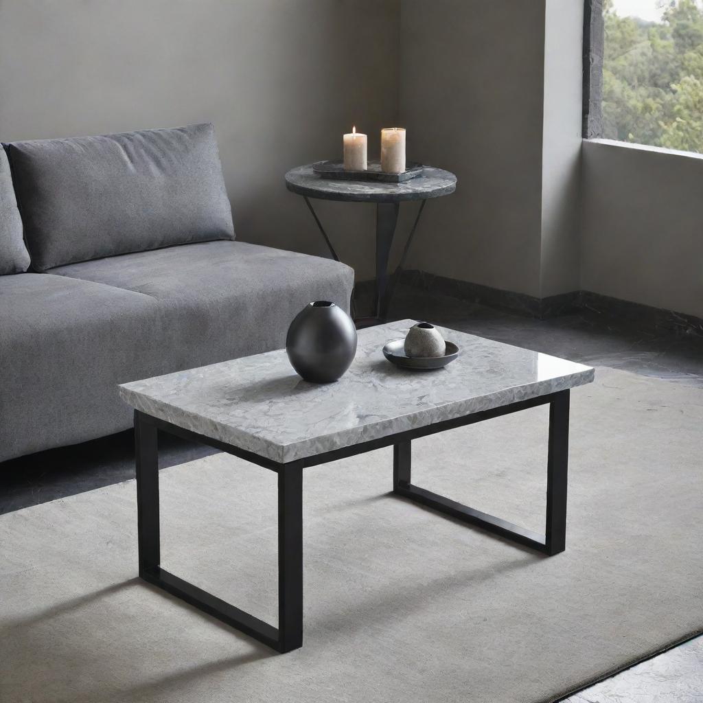 A small, sleek, black stainless steel table with a striking grey marble top, situated in an elegantly designed living room.